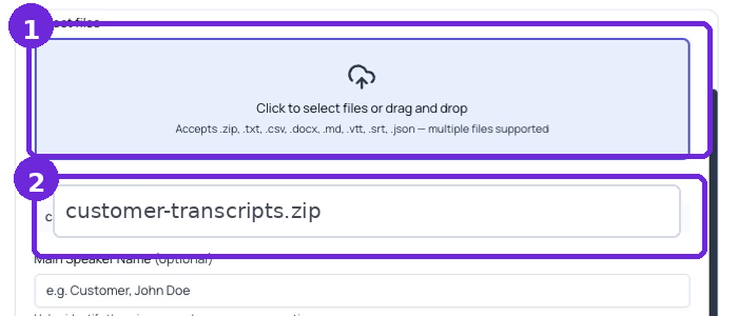 Upload area with the onboarding ZIP file showing under Selected Files