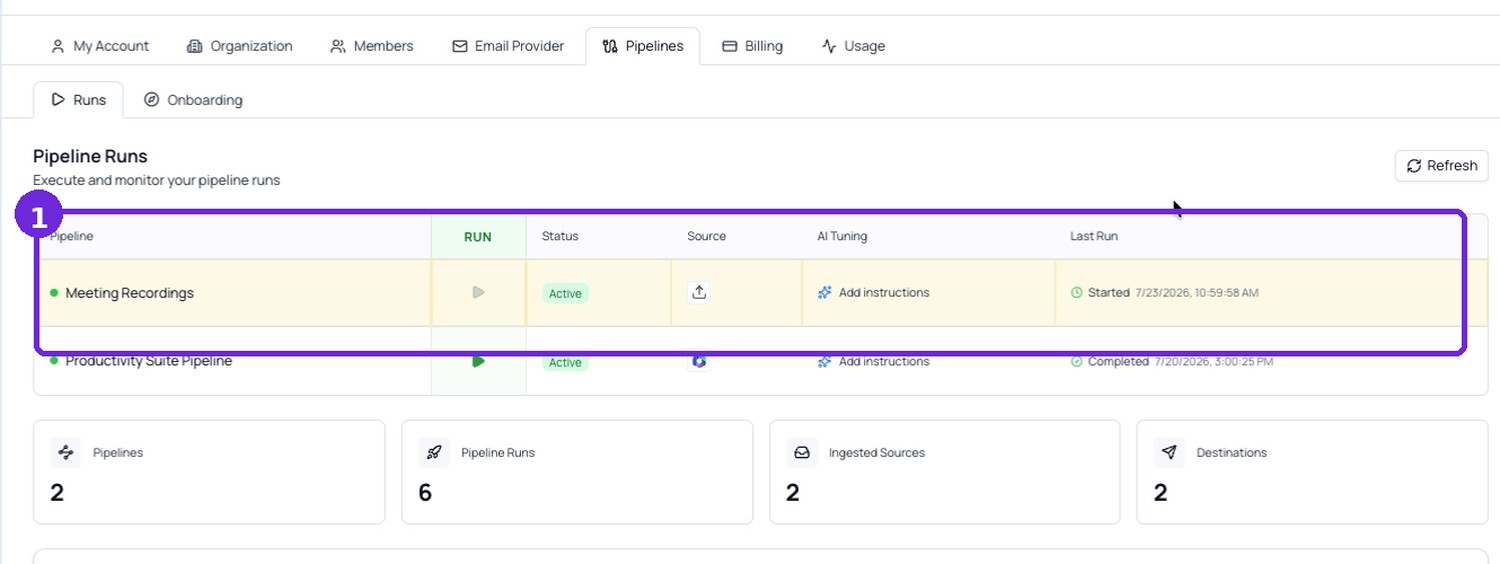 Pipeline Runs list showing the new pipeline as Active with processing started