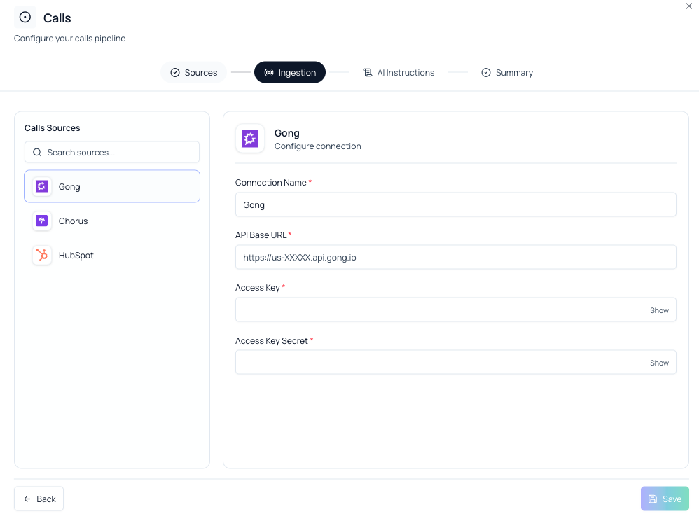 Enter the API Base URL, Access Key, and Access Key Secret, then Save.